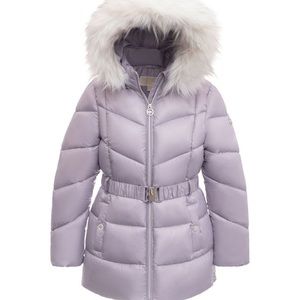 Girls heavy weight belted puffer with faux fur hood trim